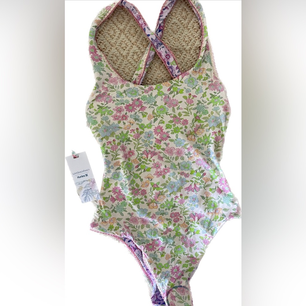 LoveShackFancy + Hurley one piece bikini.